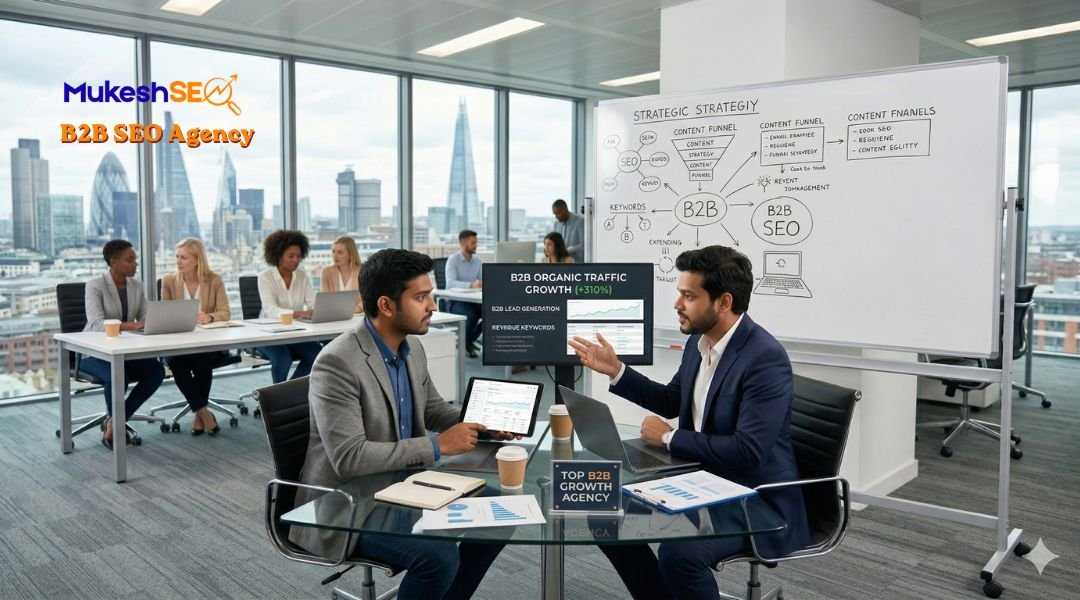 Two B2B SEO and growth agency specialists in a modern London office, conducting a strategic content funnel strategy meeting around a glass desk, pointing to a data dashboard that shows organic traffic growth and lead generation results, with the London skyline in the background.